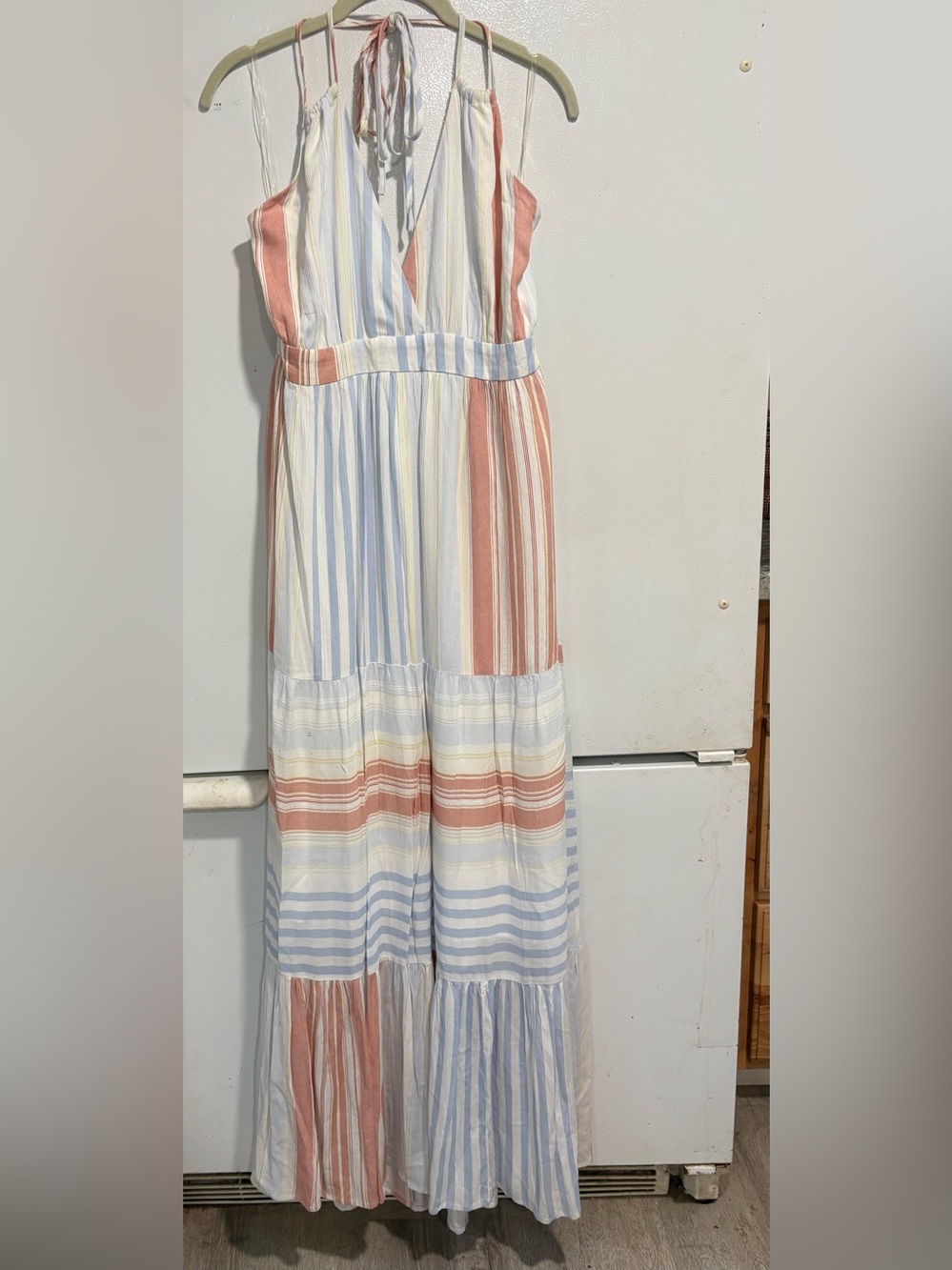 Striped Pastel Maxi Dress in Blue, Coral & Cream